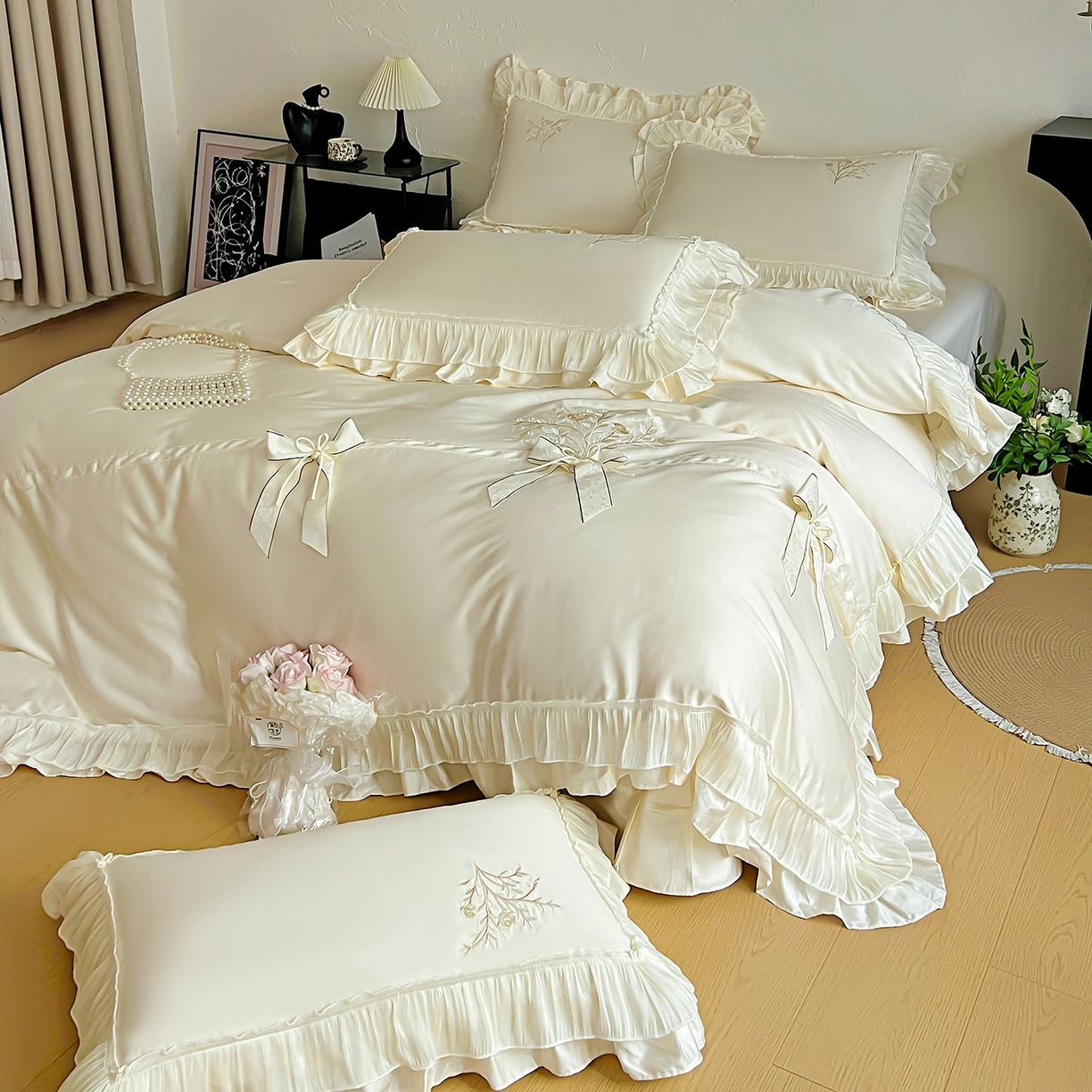 91家纺网 家纺一手货源 找家纺 迪欧芙 2026新款长绒棉刺绣床单款四件套-月影纱 月影纱-米色