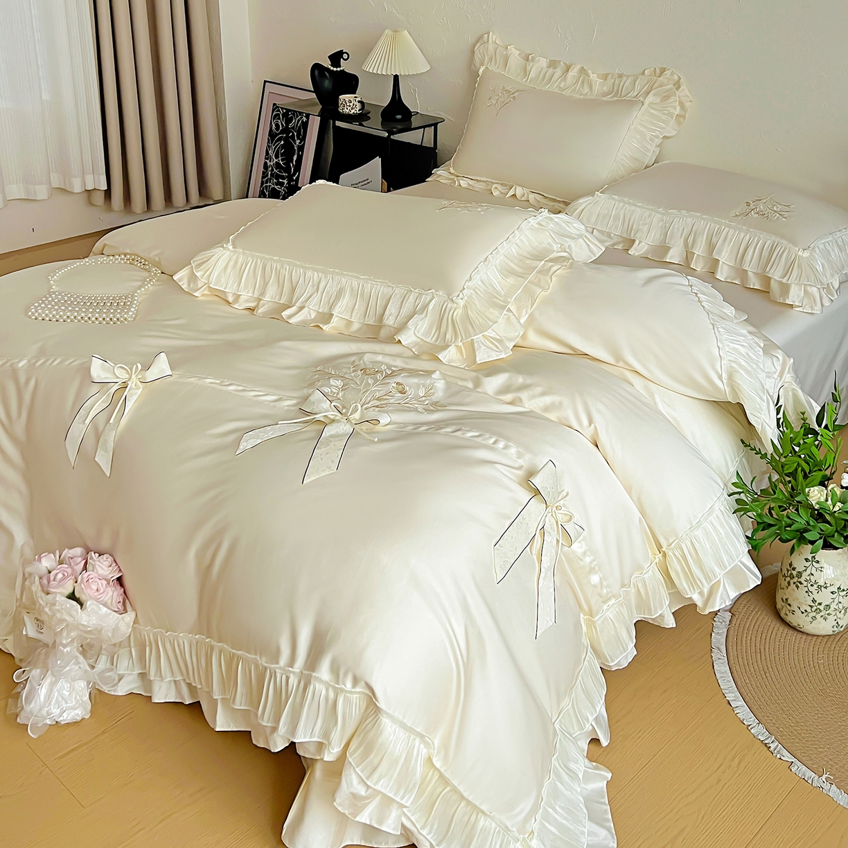 91家纺网 家纺一手货源 找家纺 迪欧芙 2026新款长绒棉刺绣床单款四件套-月影纱 月影纱-米色