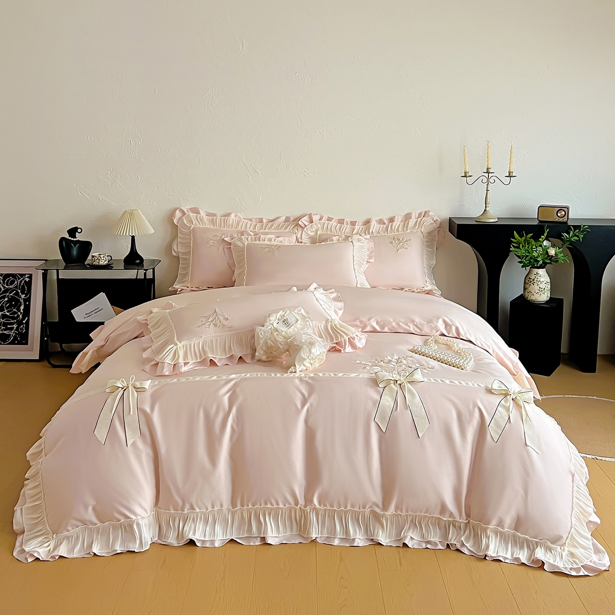 91家纺网 家纺一手货源 找家纺 迪欧芙 2026新款长绒棉刺绣床单款四件套-月影纱 月影纱-玉色