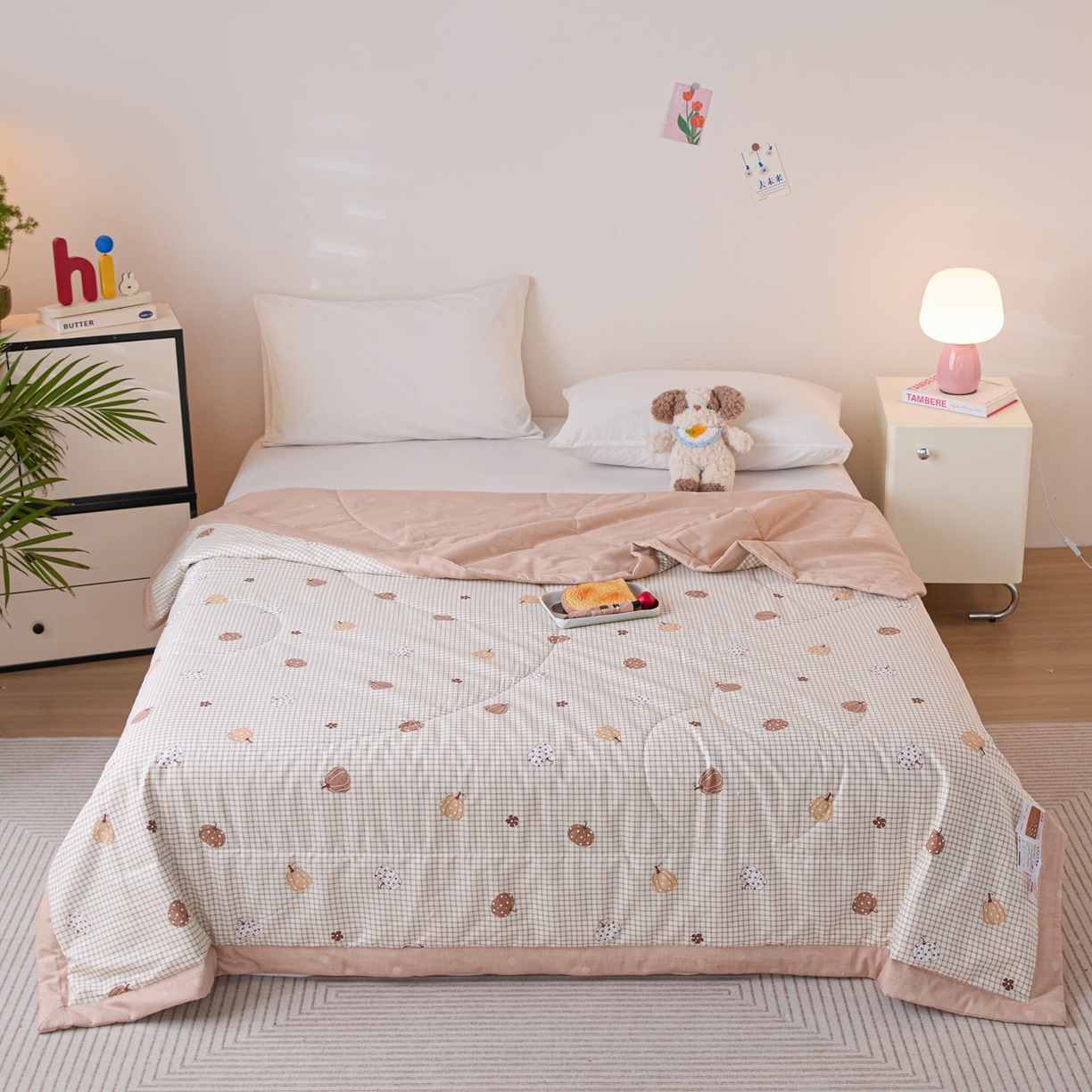 91家纺网 家纺一手货源 找家纺 亿莱鑫 2026春夏新款全棉水洗印花夏被夏凉被空调被 格子南瓜