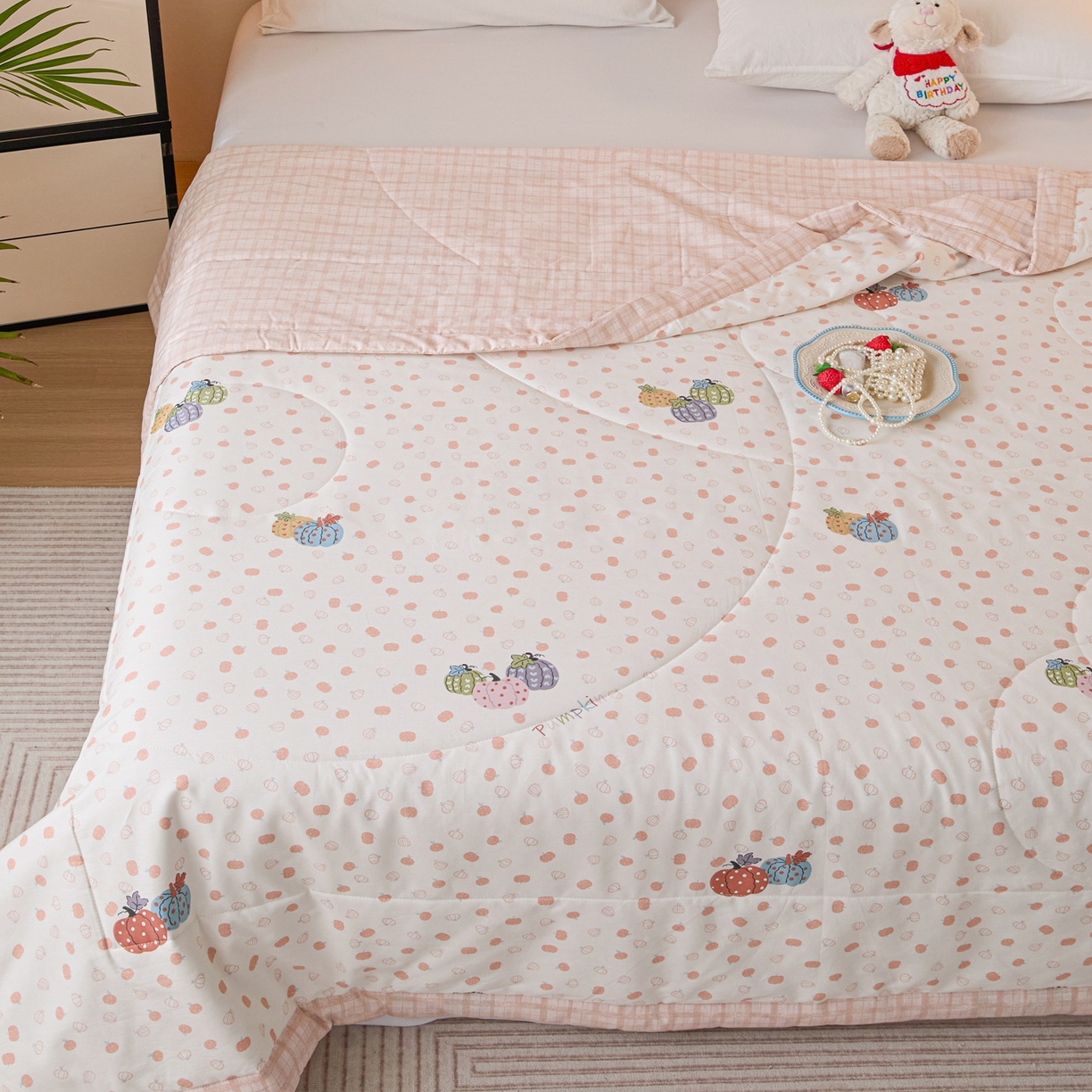 91家纺网 家纺一手货源 找家纺 亿莱鑫 2026春夏新款全棉水洗印花夏被夏凉被空调被 五彩南瓜