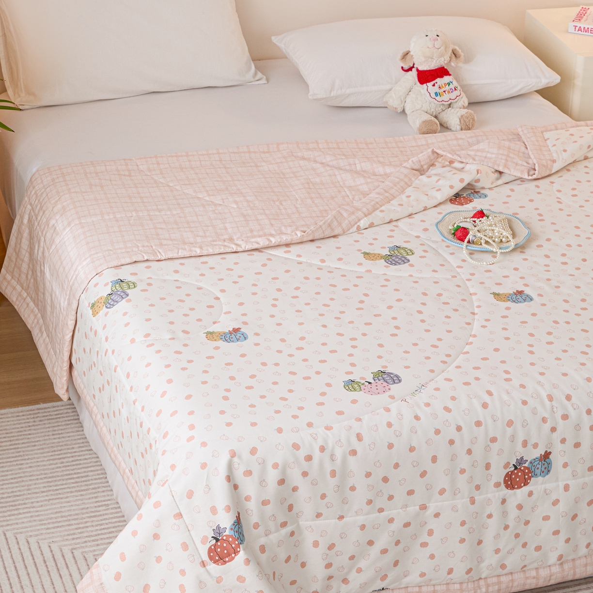 91家纺网 家纺一手货源 找家纺 亿莱鑫 2026春夏新款全棉水洗印花夏被夏凉被空调被 五彩南瓜