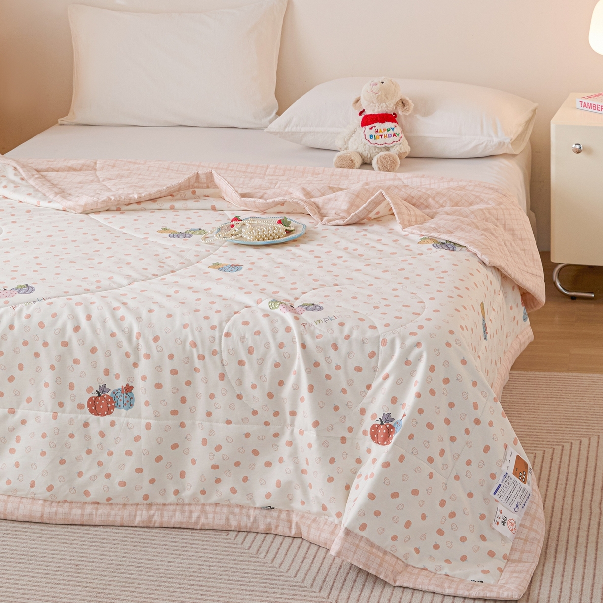 91家纺网 家纺一手货源 找家纺 亿莱鑫 2026春夏新款全棉水洗印花夏被夏凉被空调被 五彩南瓜