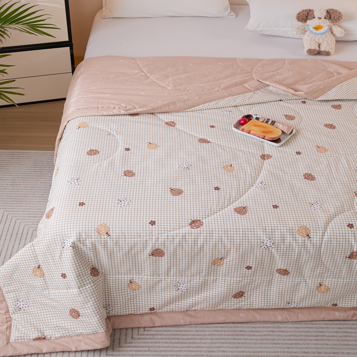 91家纺网 家纺一手货源 找家纺 亿莱鑫 2026春夏新款全棉水洗印花夏被夏凉被空调被 格子南瓜