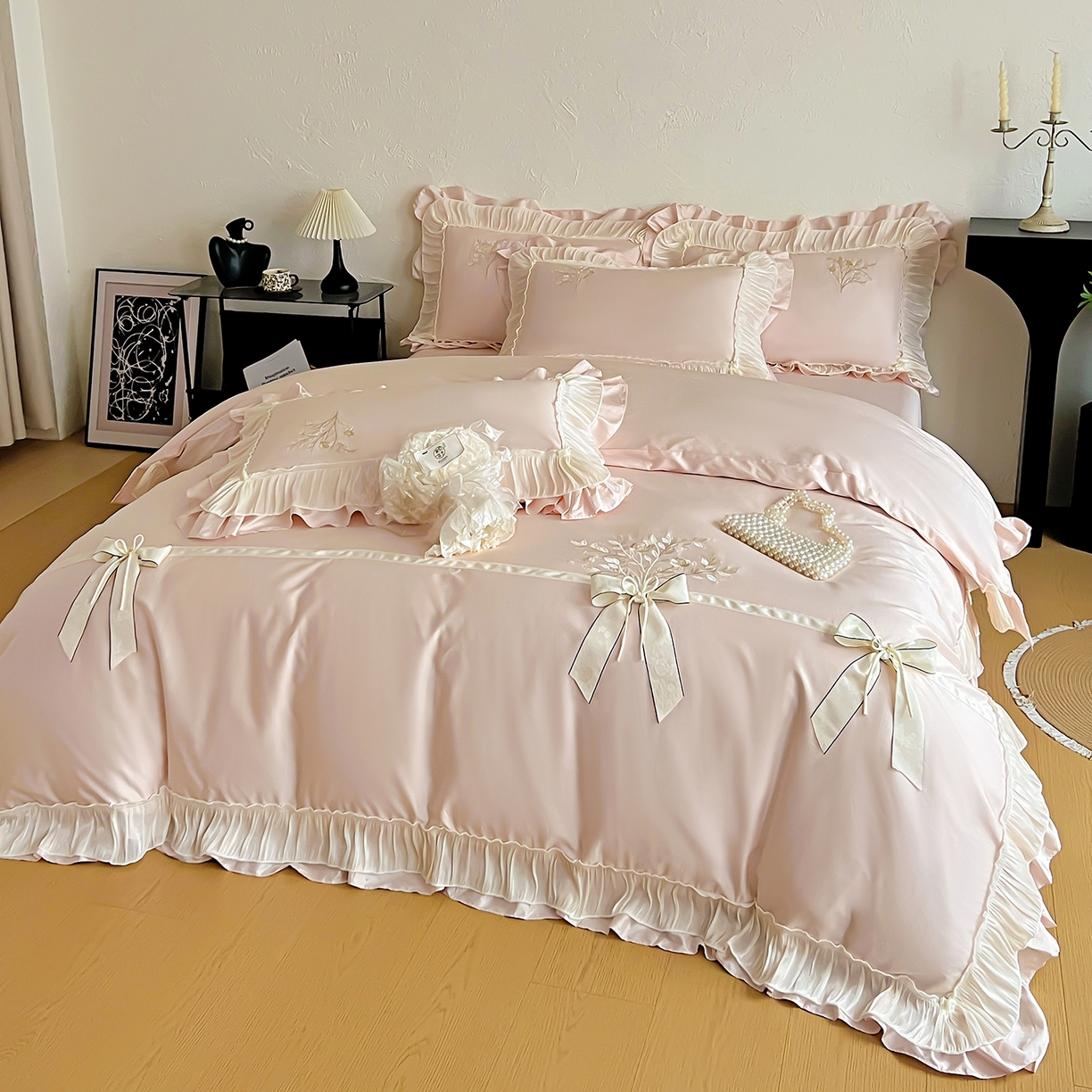 91家纺网 家纺一手货源 找家纺 迪欧芙 2026新款长绒棉刺绣床单款四件套-月影纱 月影纱-玉色