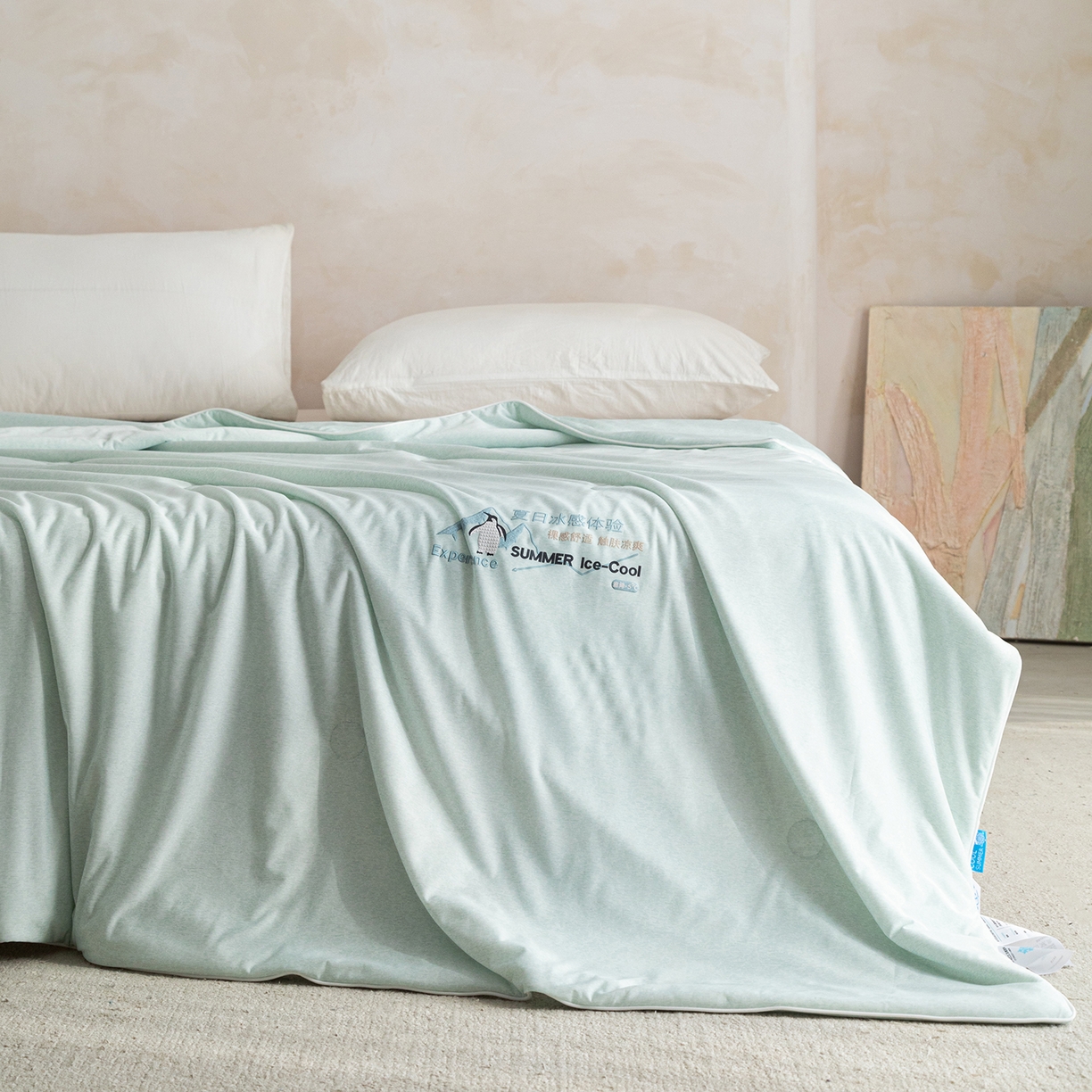 91家纺网 家纺一手货源 找家纺 亿莱鑫 2026春夏新款纯色仿锦氨凉感夏被夏凉被空调被 夏日企鹅-青