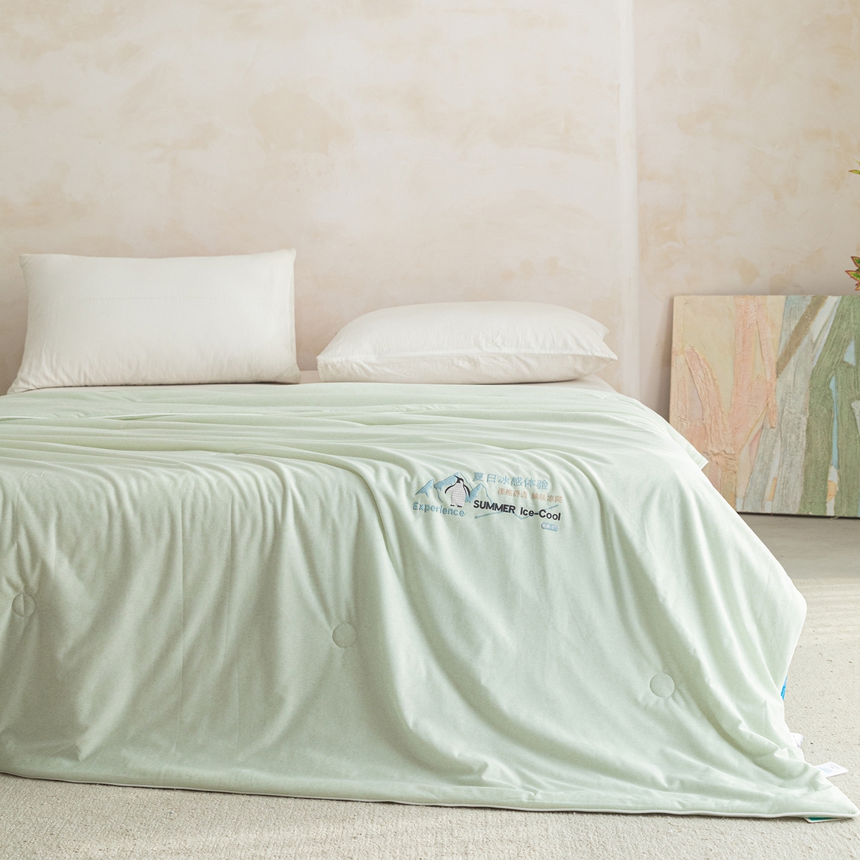 91家纺网 家纺一手货源 找家纺 亿莱鑫 2026春夏新款纯色仿锦氨凉感夏被夏凉被空调被 夏日企鹅-绿
