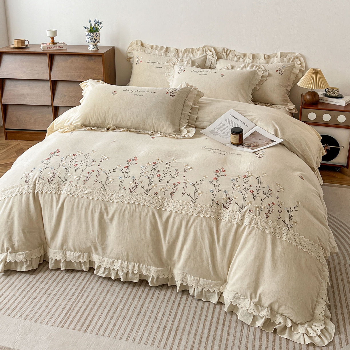 （总）迪欧芙 2026春夏新款棉麻刺绣床单款四件套-迷迭花香