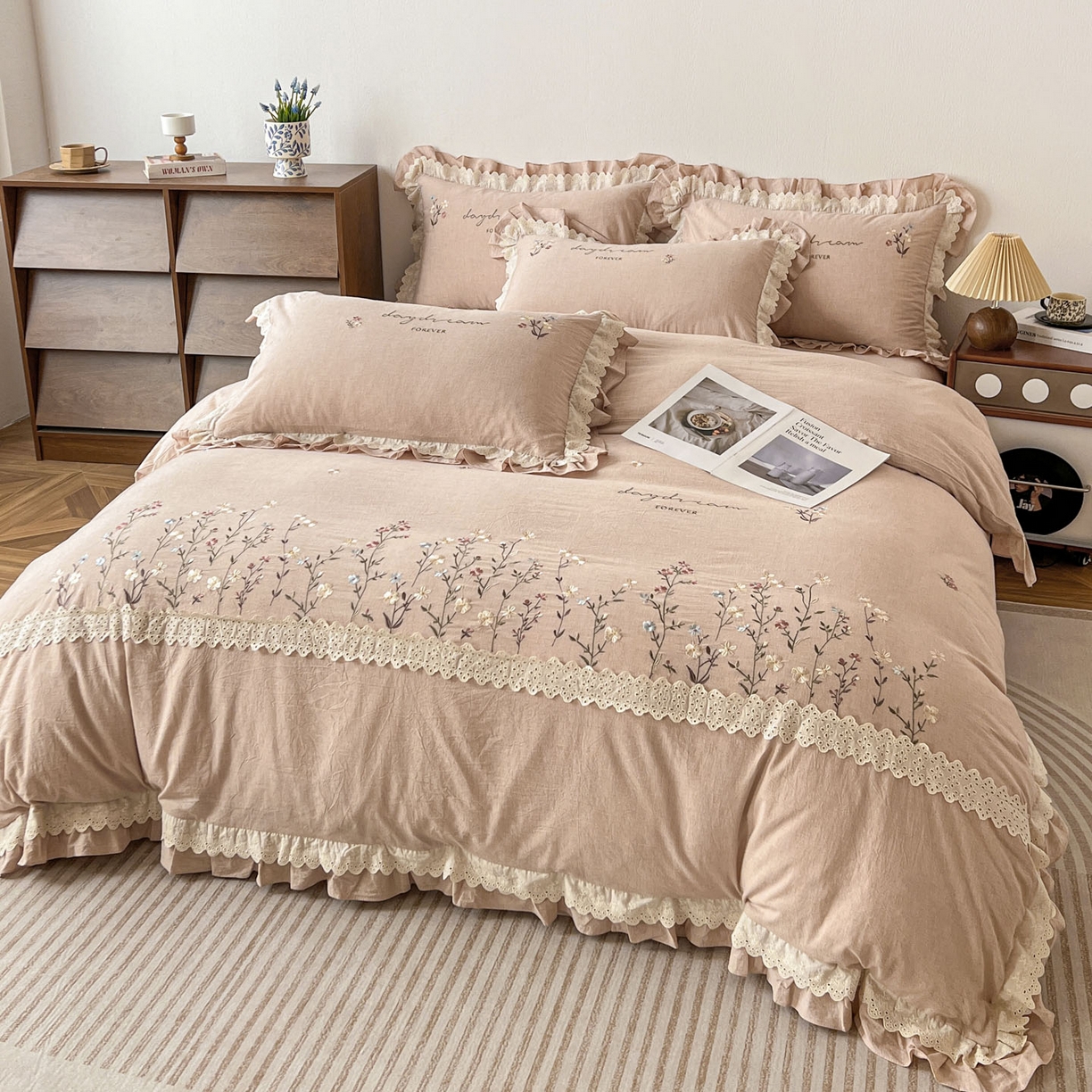 迪欧芙 2026春夏新款棉麻刺绣床单款四件套-迷迭花香 迷迭花香-粉色