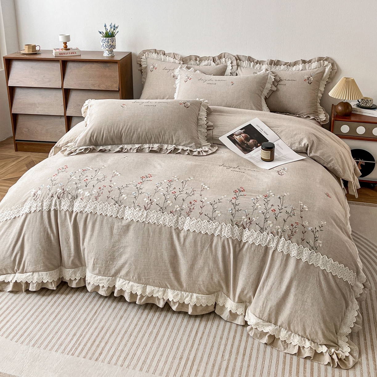 91家纺网 家纺一手货源 找家纺 （总）迪欧芙 2026春夏新款棉麻刺绣床单款四件套-迷迭花香