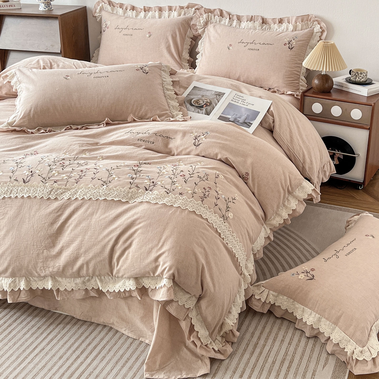91家纺网 家纺一手货源 找家纺 迪欧芙 2026春夏新款棉麻刺绣床单款四件套-迷迭花香 迷迭花香-粉色
