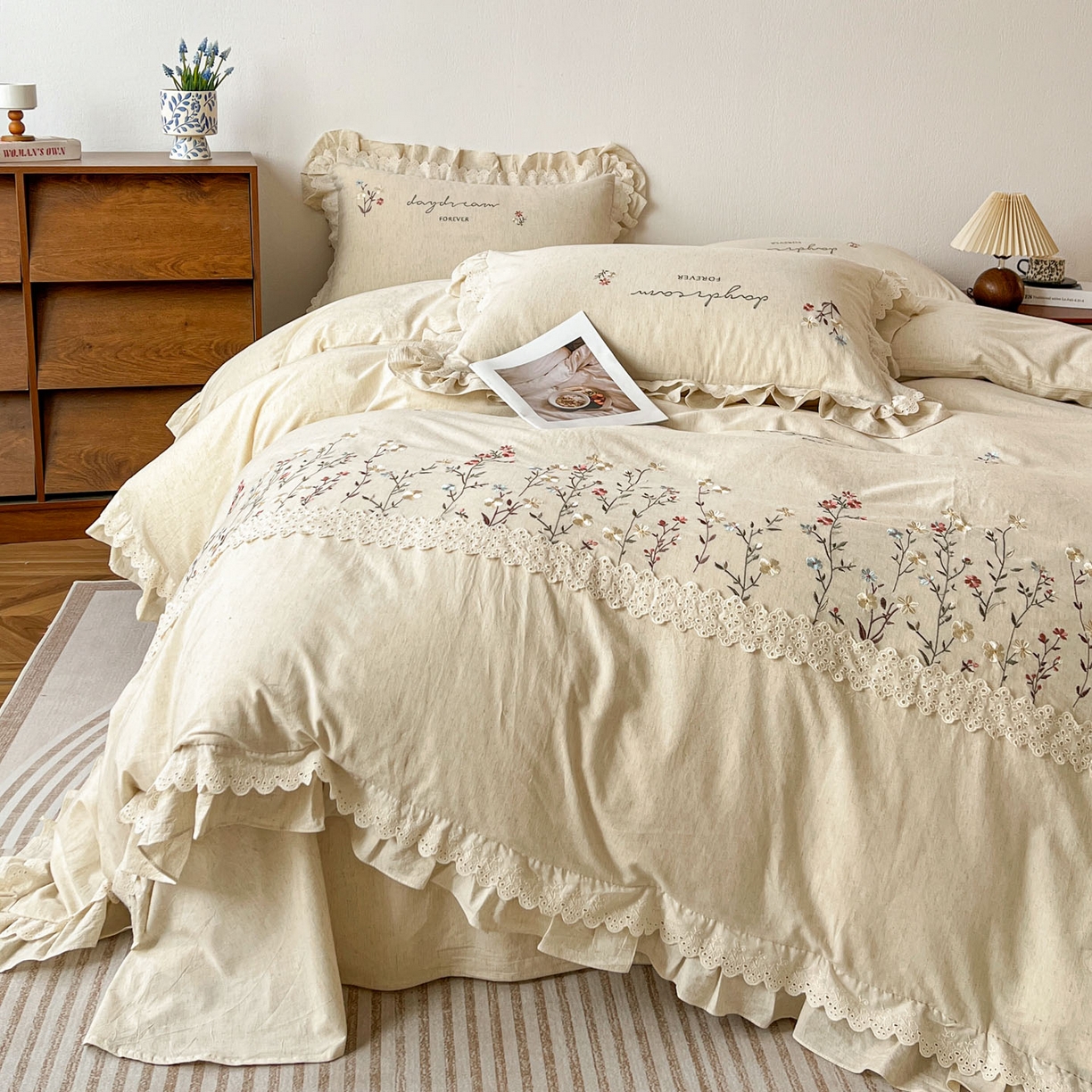 91家纺网 家纺一手货源 找家纺 迪欧芙 2026春夏新款棉麻刺绣床单款四件套-迷迭花香 迷迭花香-本色