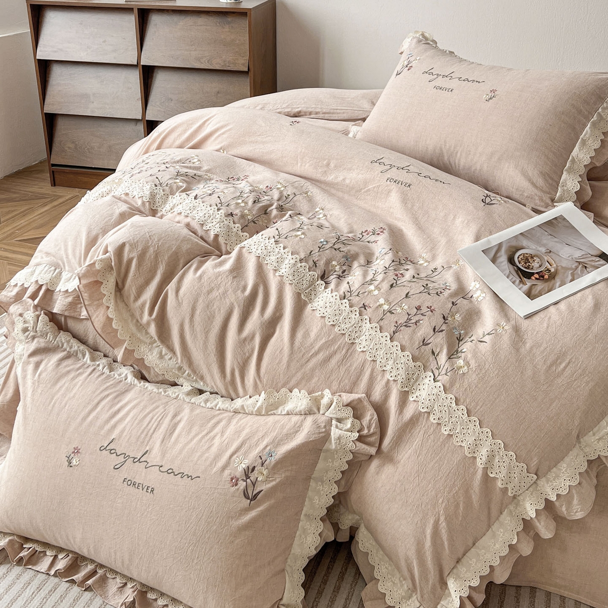 91家纺网 家纺一手货源 找家纺 迪欧芙 2026春夏新款棉麻刺绣床单款四件套-迷迭花香 迷迭花香-粉色