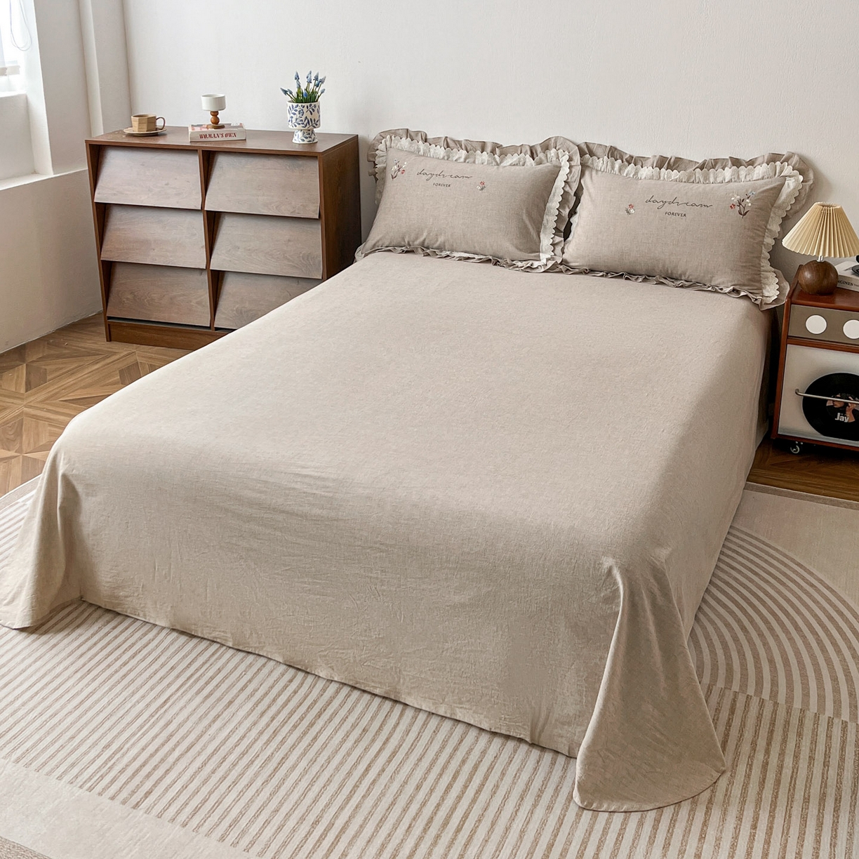 91家纺网 家纺一手货源 找家纺 迪欧芙 2026春夏新款棉麻刺绣床单款四件套-迷迭花香 迷迭花香-卡其