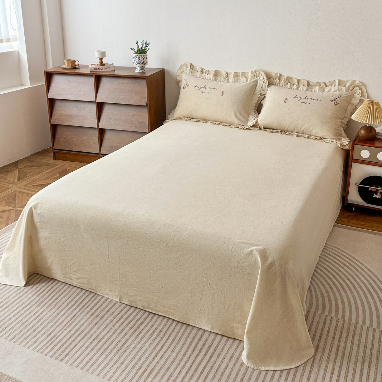 91家纺网 家纺一手货源 找家纺 迪欧芙 2026春夏新款棉麻刺绣床单款四件套-迷迭花香 迷迭花香-本色