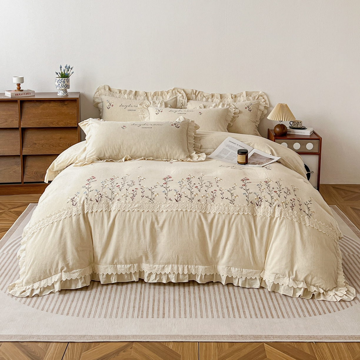 91家纺网 家纺一手货源 找家纺 迪欧芙 2026春夏新款棉麻刺绣床单款四件套-迷迭花香 迷迭花香-本色