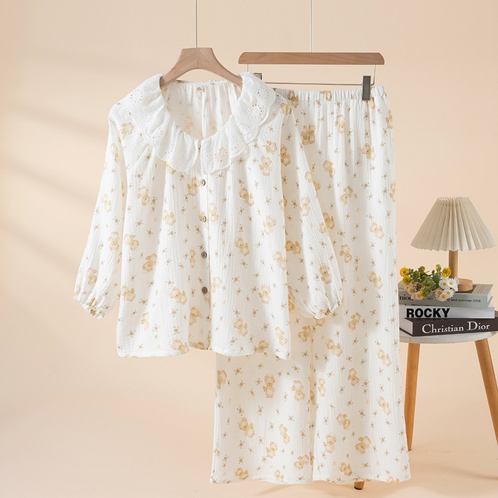 91家纺网 家纺一手货源 找家纺 （总）2026春秋新款睡衣女士全棉圆领蕾丝花边甜美家居服长袖长裤居家服