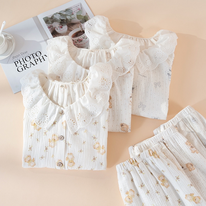 91家纺网 家纺一手货源 找家纺 （总）2026春秋新款睡衣女士全棉圆领蕾丝花边甜美家居服长袖长裤居家服