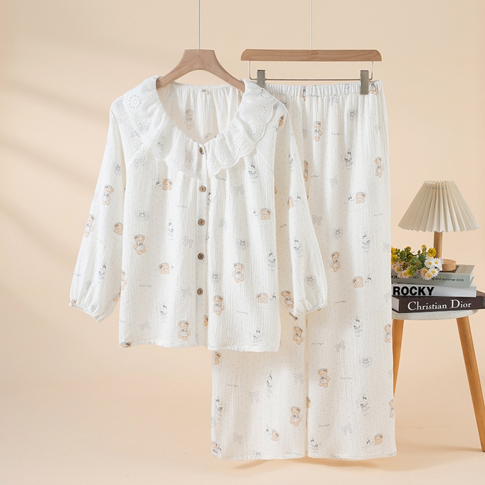 91家纺网 家纺一手货源 找家纺 （总）2026春秋新款睡衣女士全棉圆领蕾丝花边甜美家居服长袖长裤居家服