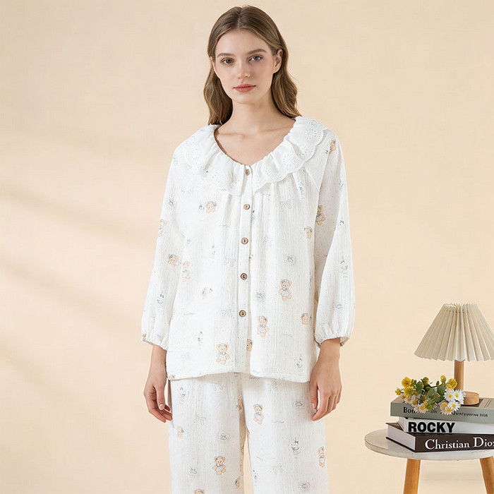 91家纺网 家纺一手货源 找家纺 （总）2026春秋新款睡衣女士全棉圆领蕾丝花边甜美家居服长袖长裤居家服