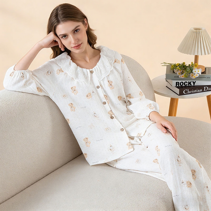 91家纺网 家纺一手货源 找家纺 （总）2026春秋新款睡衣女士全棉圆领蕾丝花边甜美家居服长袖长裤居家服