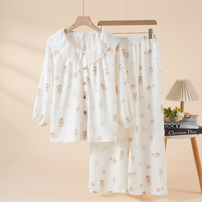 91家纺网 家纺一手货源 找家纺 （总）2026春秋新款睡衣女士全棉圆领蕾丝花边甜美家居服长袖长裤居家服