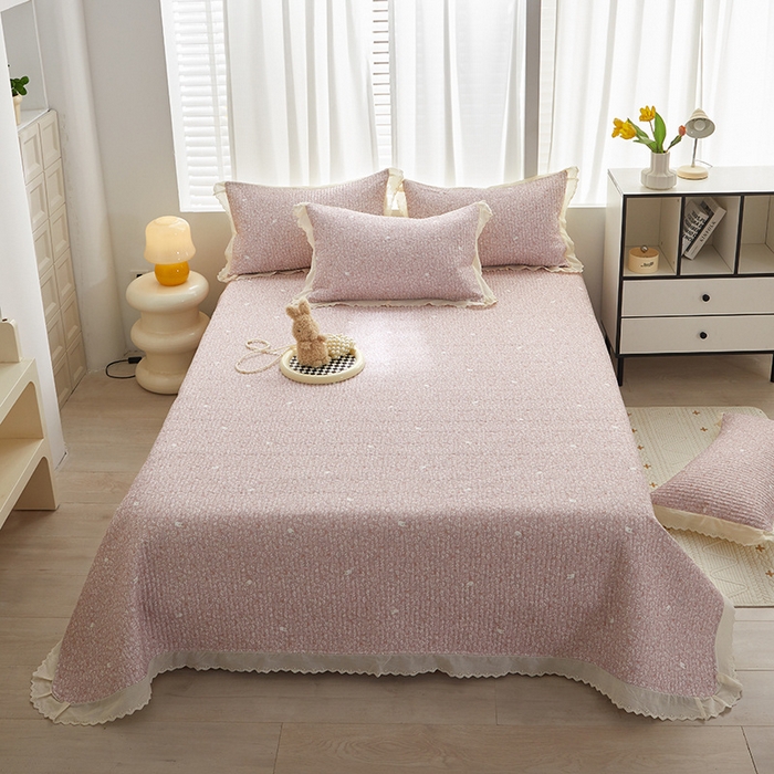 91家纺网 家纺一手货源 找家纺 舒居家纺 2026新款全棉双层纱花边床盖单件床盖单品单床盖 小时光粉