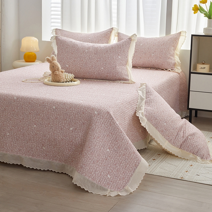 91家纺网 家纺一手货源 找家纺 舒居家纺 2026新款全棉双层纱花边床盖单件床盖单品单床盖 小时光粉