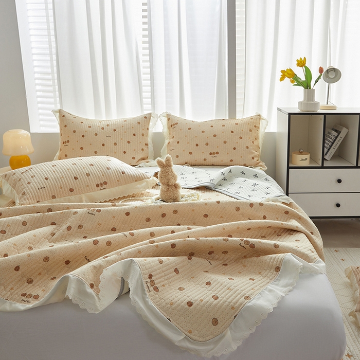 91家纺网 家纺一手货源 找家纺 舒居家纺 2026新款全棉双层纱花边床盖单件床盖单品单床盖 南瓜小贝