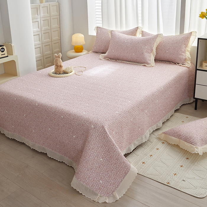 91家纺网 家纺一手货源 找家纺 舒居家纺 2026新款全棉双层纱花边床盖单件床盖单品单床盖 小时光粉