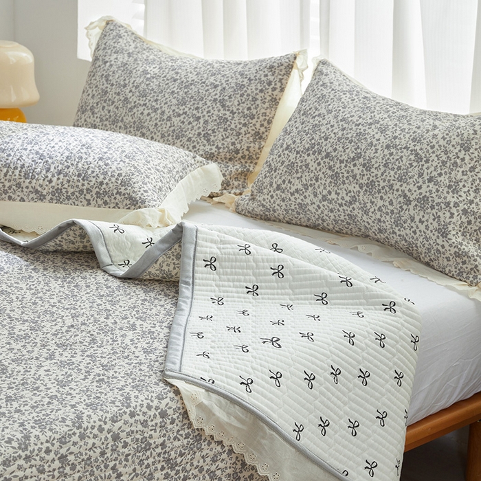 91家纺网 家纺一手货源 找家纺 舒居家纺 2026新款全棉双层纱花边床盖单件床盖单品单床盖 浅影--灰