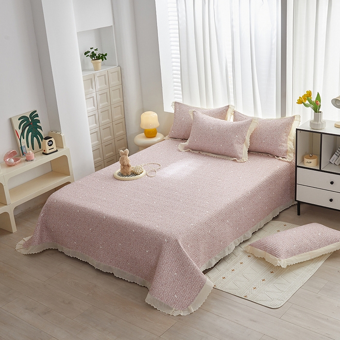 91家纺网 家纺一手货源 找家纺 舒居家纺 2026新款全棉双层纱花边床盖单件床盖单品单床盖 小时光粉