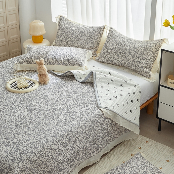 91家纺网 家纺一手货源 找家纺 舒居家纺 2026新款全棉双层纱花边床盖单件床盖单品单床盖 浅影--灰