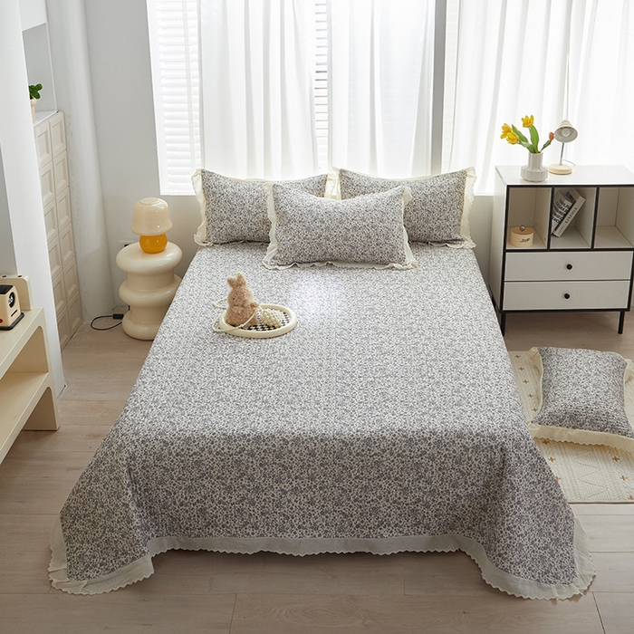 91家纺网 家纺一手货源 找家纺 舒居家纺 2026新款全棉双层纱花边床盖单件床盖单品单床盖 浅影--灰