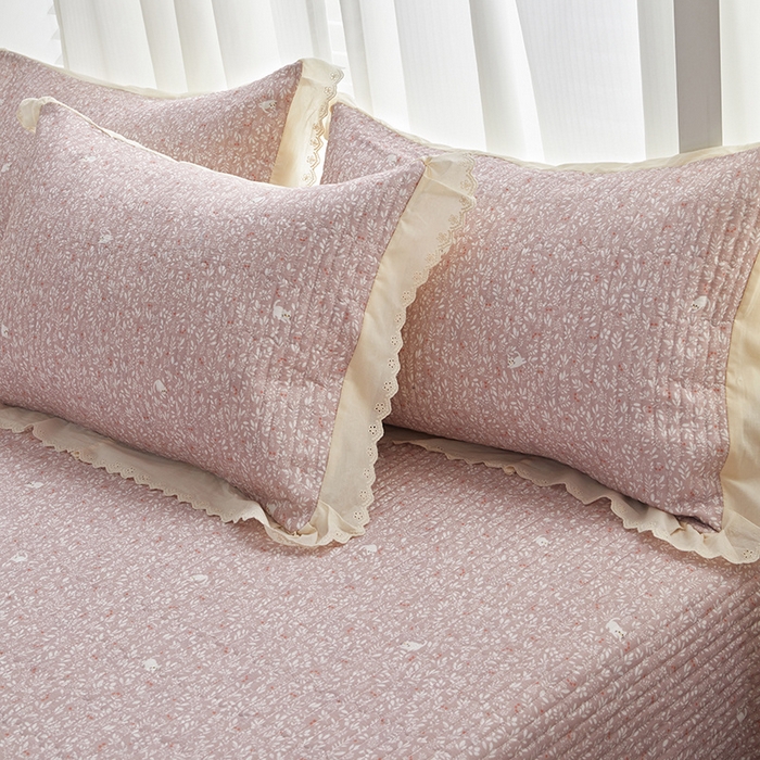 91家纺网 家纺一手货源 找家纺 舒居家纺 2026新款全棉双层纱花边床盖单件床盖单品单床盖 小时光粉