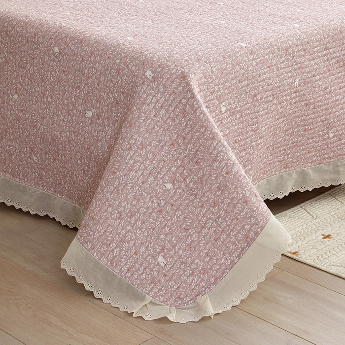 91家纺网 家纺一手货源 找家纺 舒居家纺 2026新款全棉双层纱花边床盖单件床盖单品单床盖 小时光粉