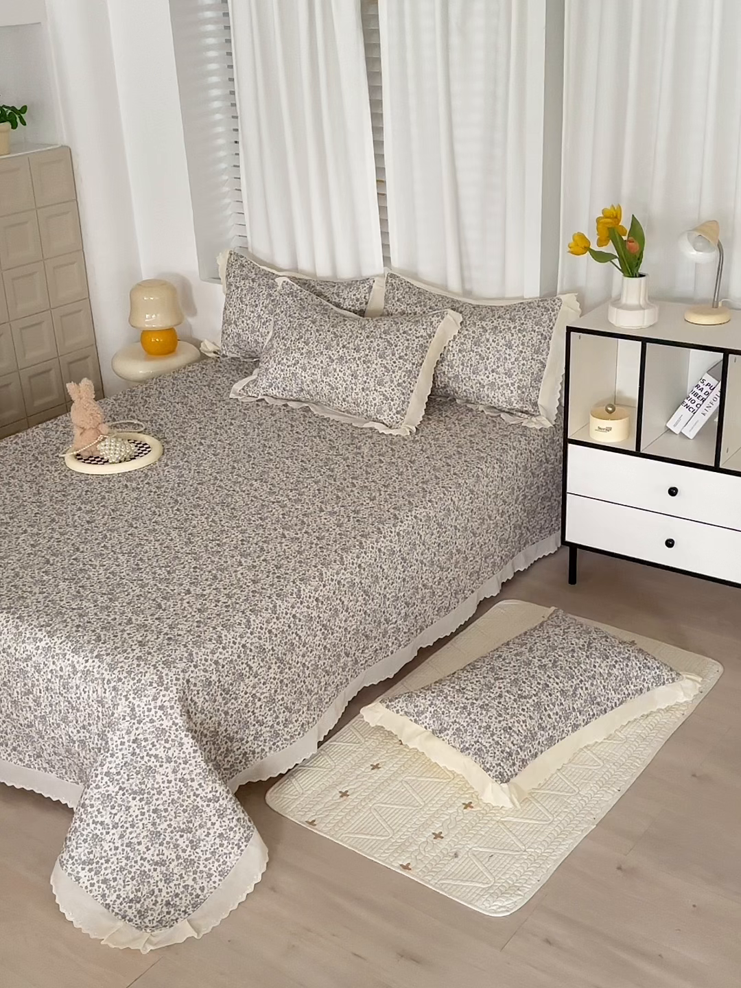 91家纺网 家纺一手货源 找家纺 舒居家纺 2026新款全棉双层纱花边床盖单件床盖单品单床盖 浅影--灰