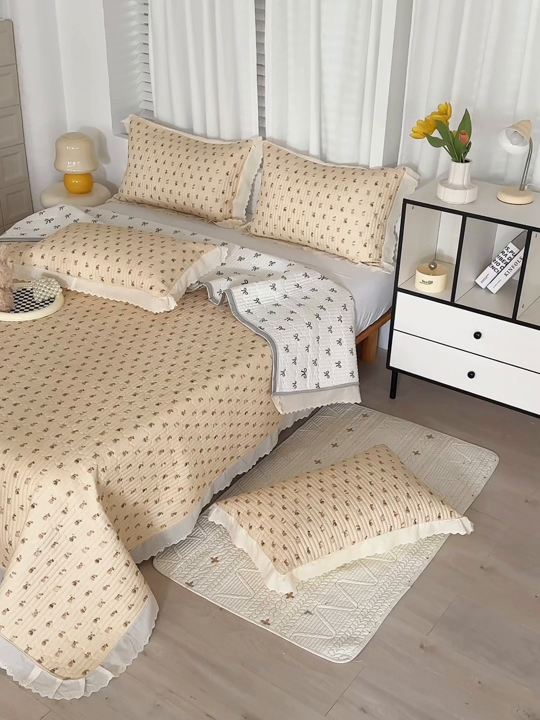 91家纺网 家纺一手货源 找家纺 舒居家纺 2026新款全棉双层纱花边床盖单件床盖单品单床盖 可艾兔