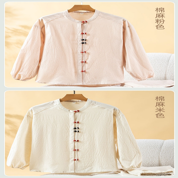 91家纺网 家纺一手货源 找家纺 （总）纯色立领长袖睡衣女宽松2026春新款棉麻女装可外穿文艺复古家居服