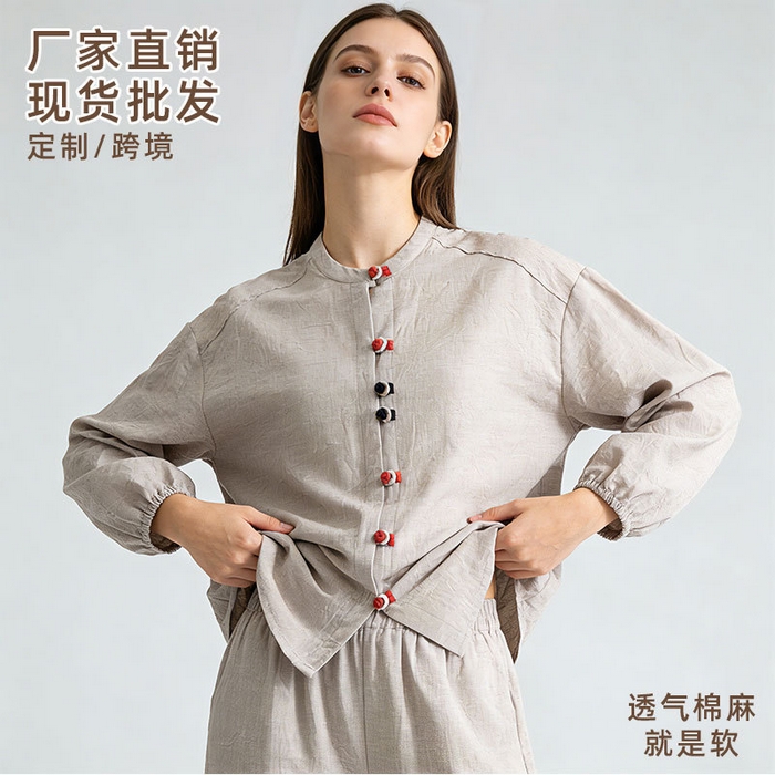 （总）纯色立领长袖睡衣女宽松2026春新款棉麻女装可外穿文艺复古家居服