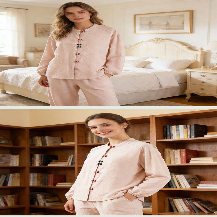 91家纺网 家纺一手货源 找家纺 （总）纯色立领长袖睡衣女宽松2026春新款棉麻女装可外穿文艺复古家居服