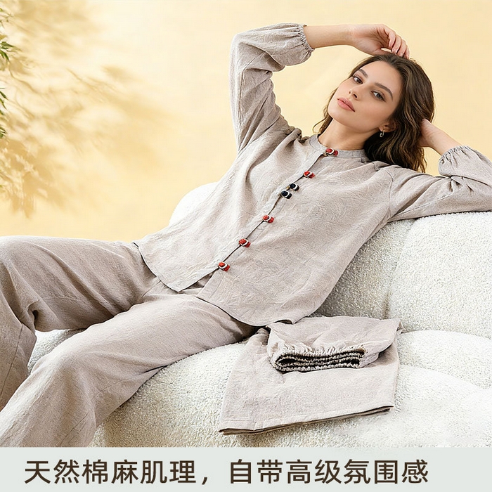 91家纺网 家纺一手货源 找家纺 （总）纯色立领长袖睡衣女宽松2026春新款棉麻女装可外穿文艺复古家居服