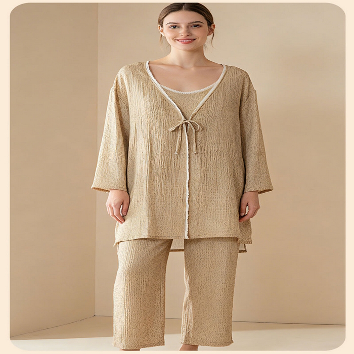 91家纺网 家纺一手货源 找家纺 （总）洛兰沙家居馆 2026春季新款纯棉吊带长外披三件套开衫薄款系带家居服套装可外穿