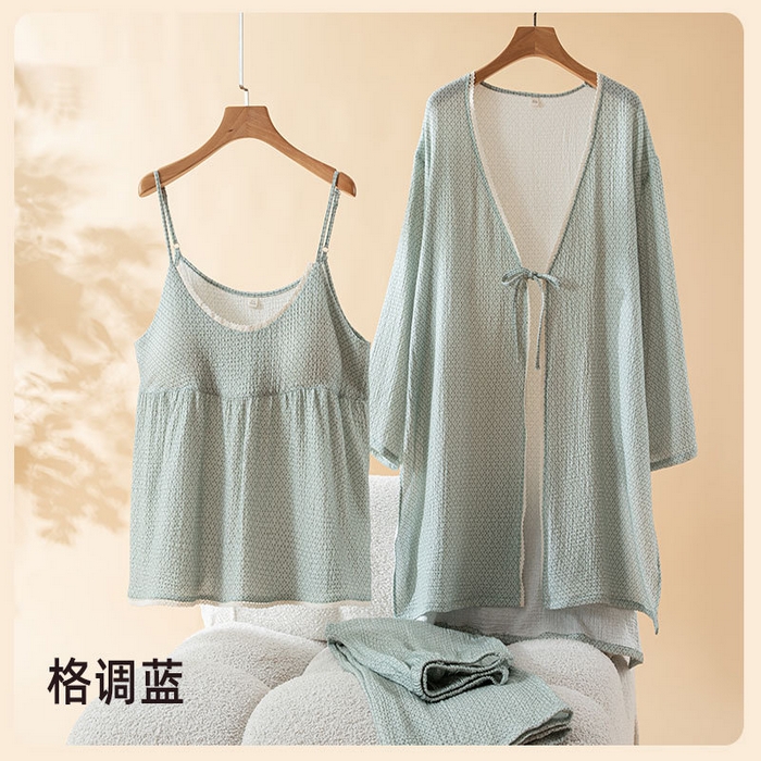 91家纺网 家纺一手货源 找家纺 （总）洛兰沙家居馆 2026春季新款纯棉吊带长外披三件套开衫薄款系带家居服套装可外穿