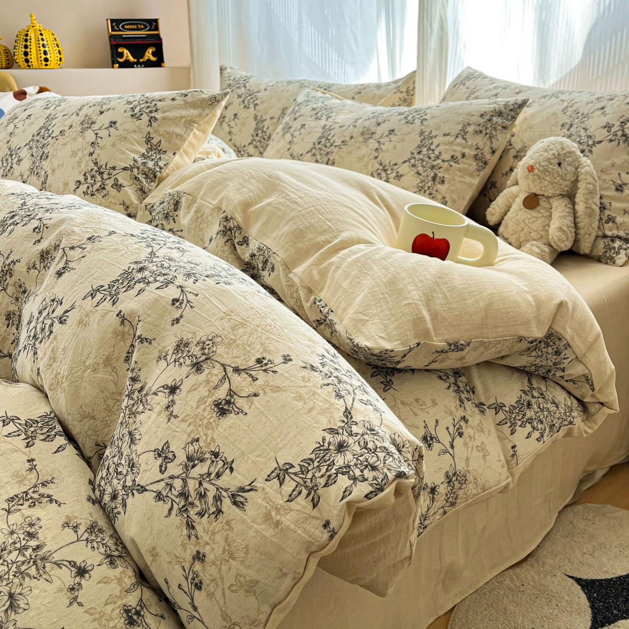 寐居家纺 2026新款A类复古棉麻四件套 墨枝花蔓