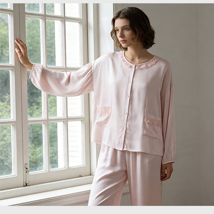 91家纺网 家纺一手货源 找家纺 （总）洛兰沙家居馆 2026春季新款睡衣女甜美蕾丝花边开衫大码天丝棉家居服套装可外穿
