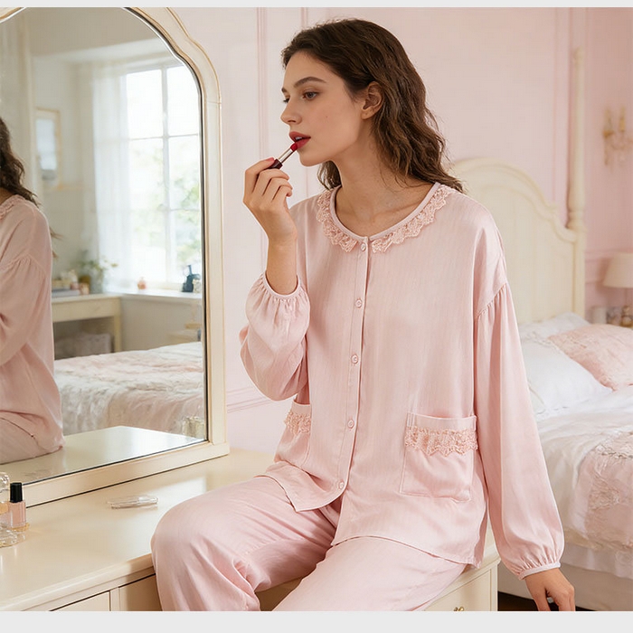 91家纺网 家纺一手货源 找家纺 （总）洛兰沙家居馆 2026春季新款睡衣女甜美蕾丝花边开衫大码天丝棉家居服套装可外穿