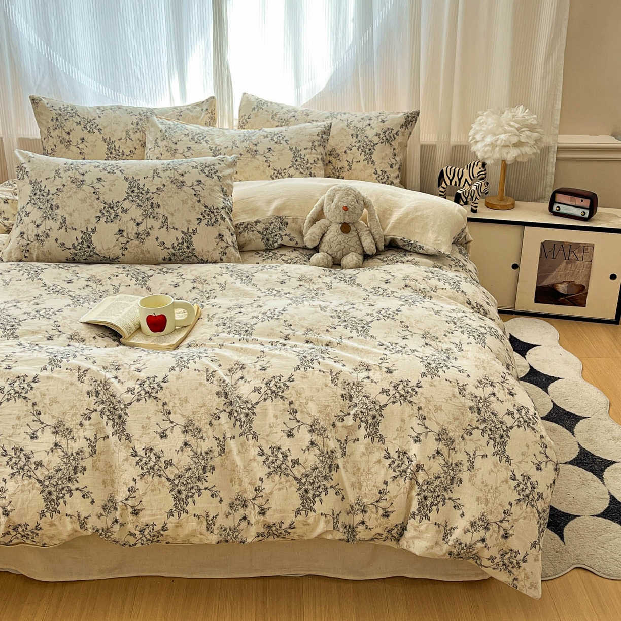 91家纺网 家纺一手货源 找家纺 寐居家纺 2026新款A类复古棉麻四件套 墨枝花蔓