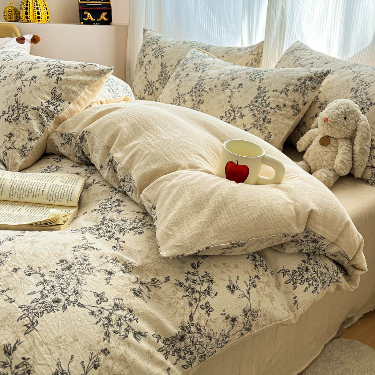 91家纺网 家纺一手货源 找家纺 寐居家纺 2026新款A类复古棉麻四件套 墨枝花蔓