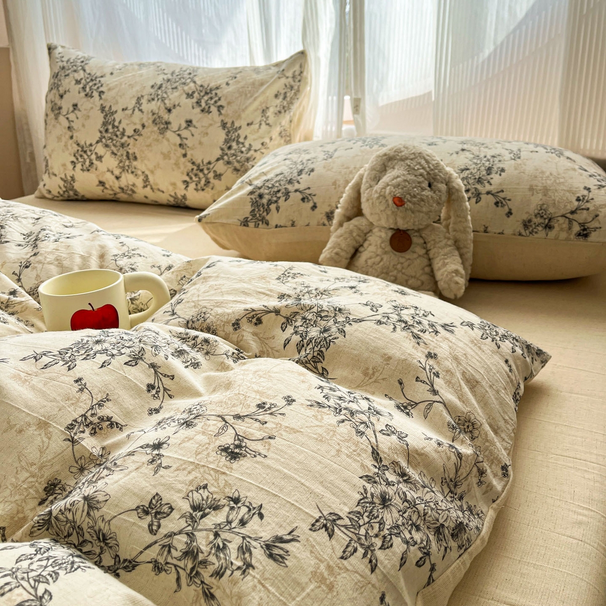 91家纺网 家纺一手货源 找家纺 寐居家纺 2026新款A类复古棉麻四件套 墨枝花蔓